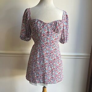 Beginning Boutique open tieback mini dress floral red blue green size 6 EUC